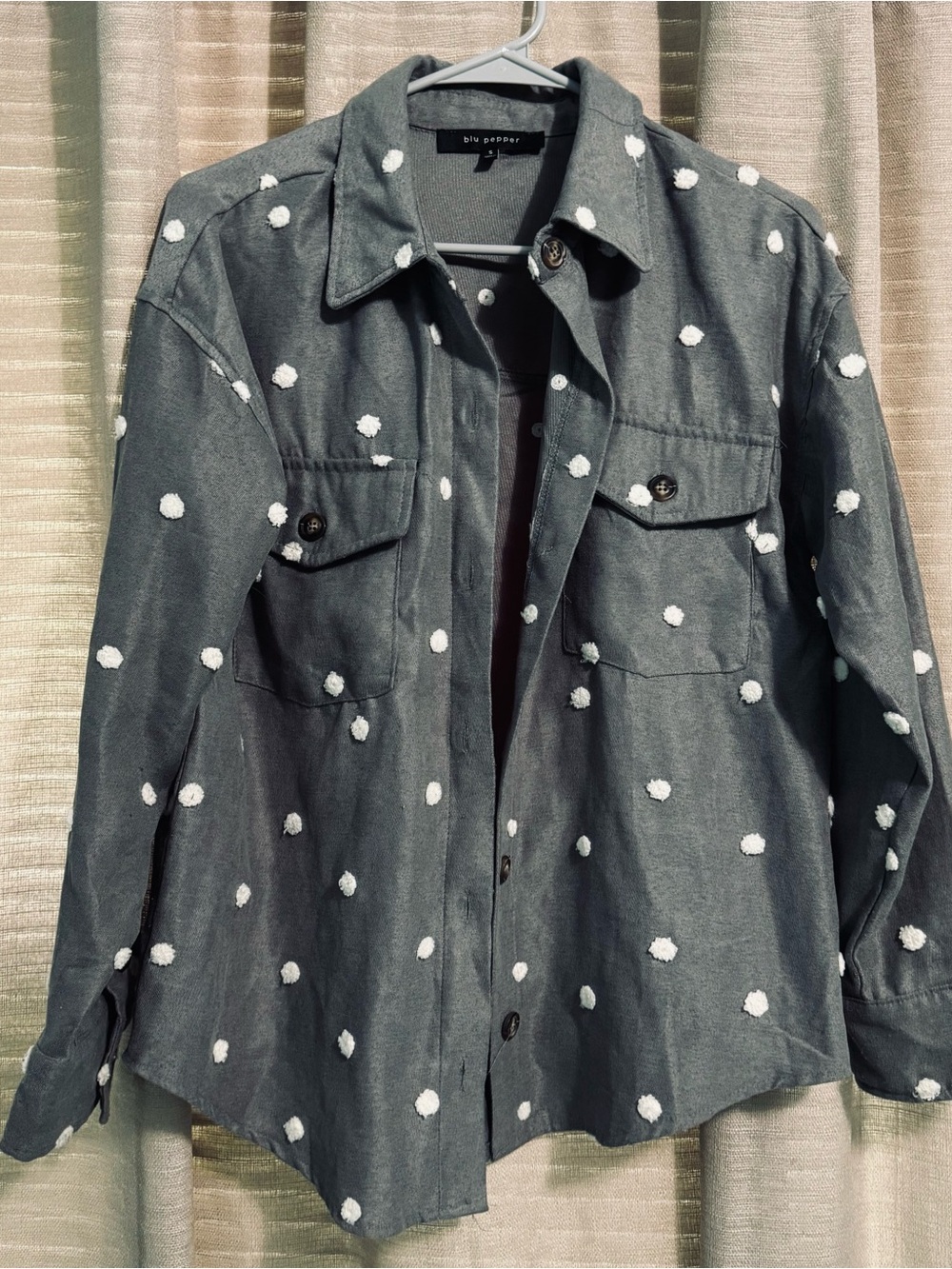 Blu Pepper Gray Shirt Jacket with White Pom-Pom
